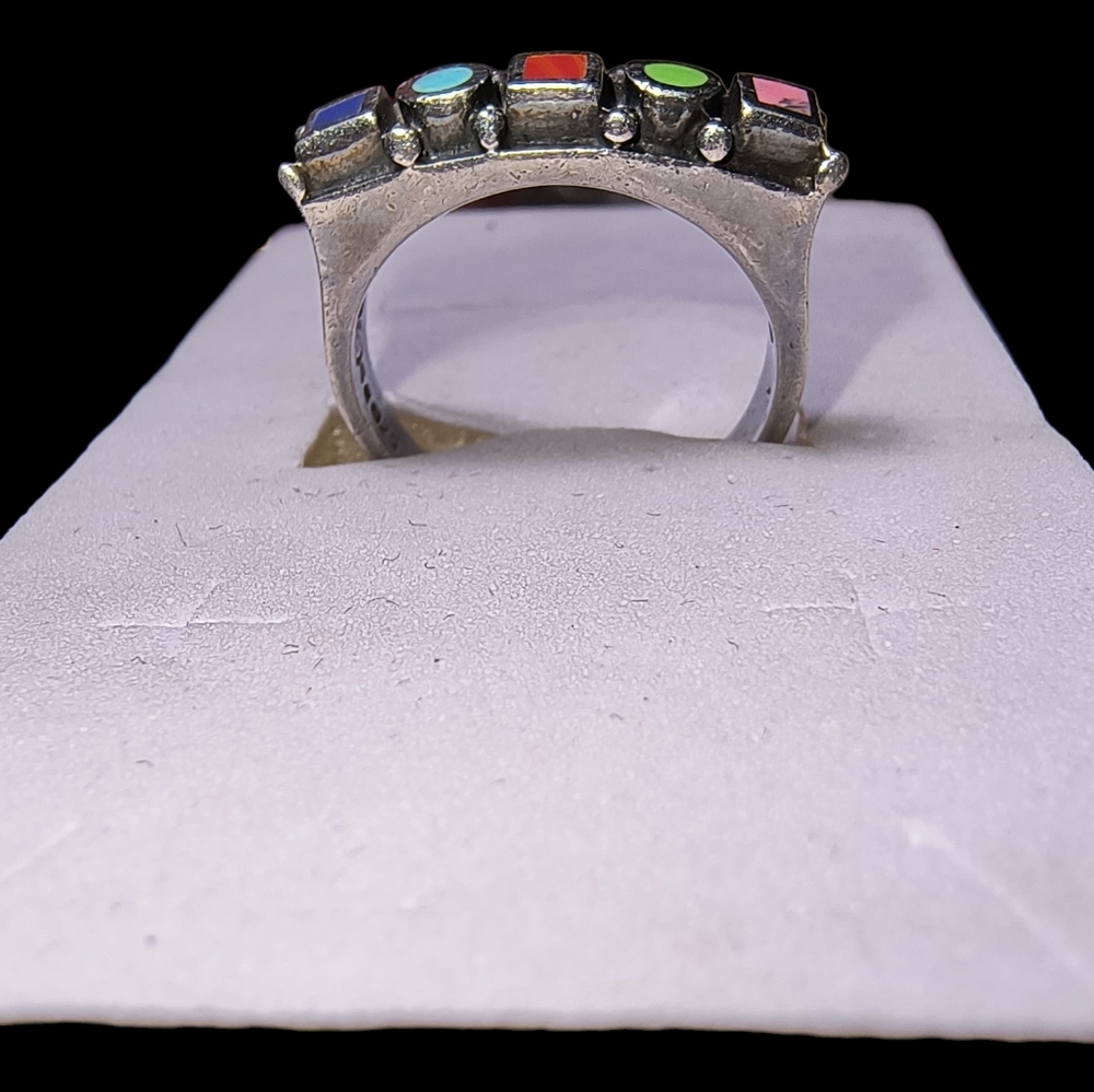 Vintage Sterling Silver Multi-Stone Inlay Ring - Picture 8 of 12